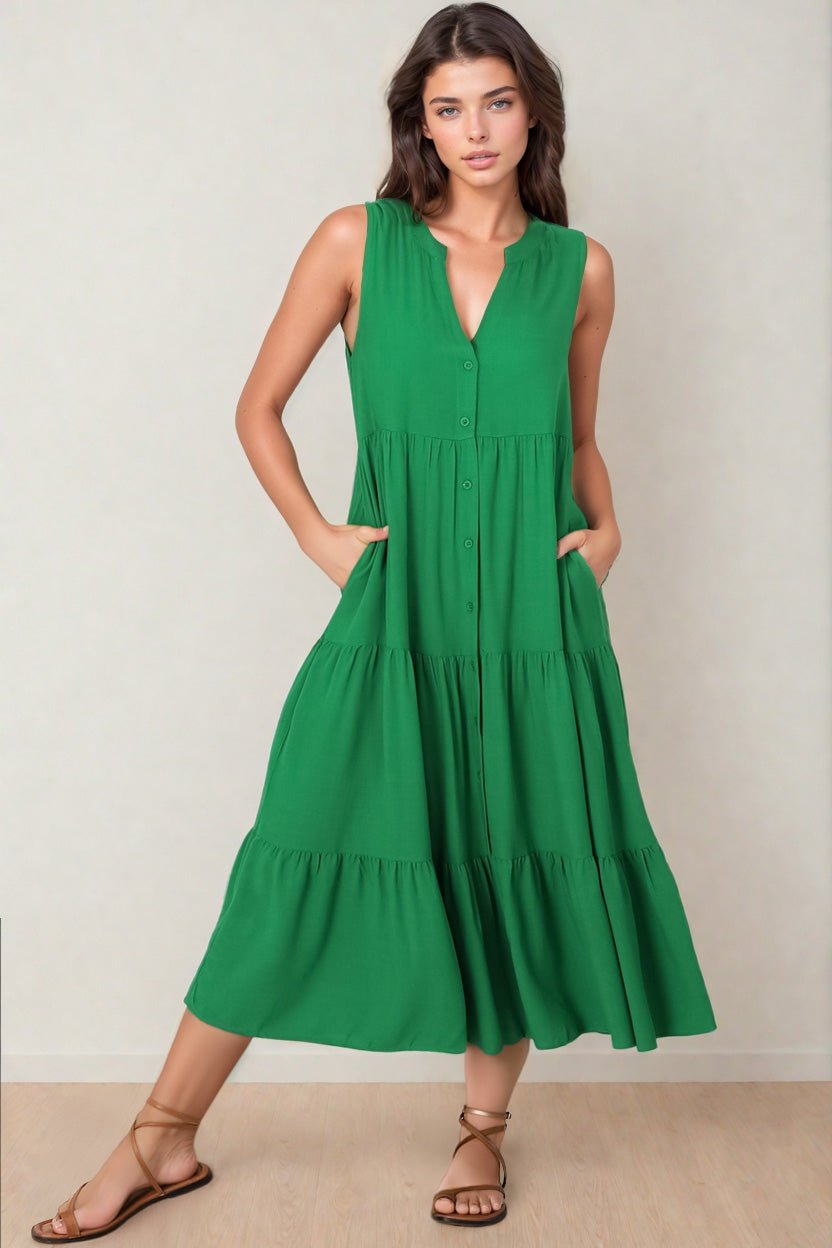 Fifi Linen Midi Dress - Mandarin Collar Sleeveless Button Down Dress in Green