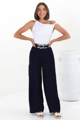 Bobbi Pants - High Waisted Constrast Trim Wide Leg Pants with Matching Belt in Navy