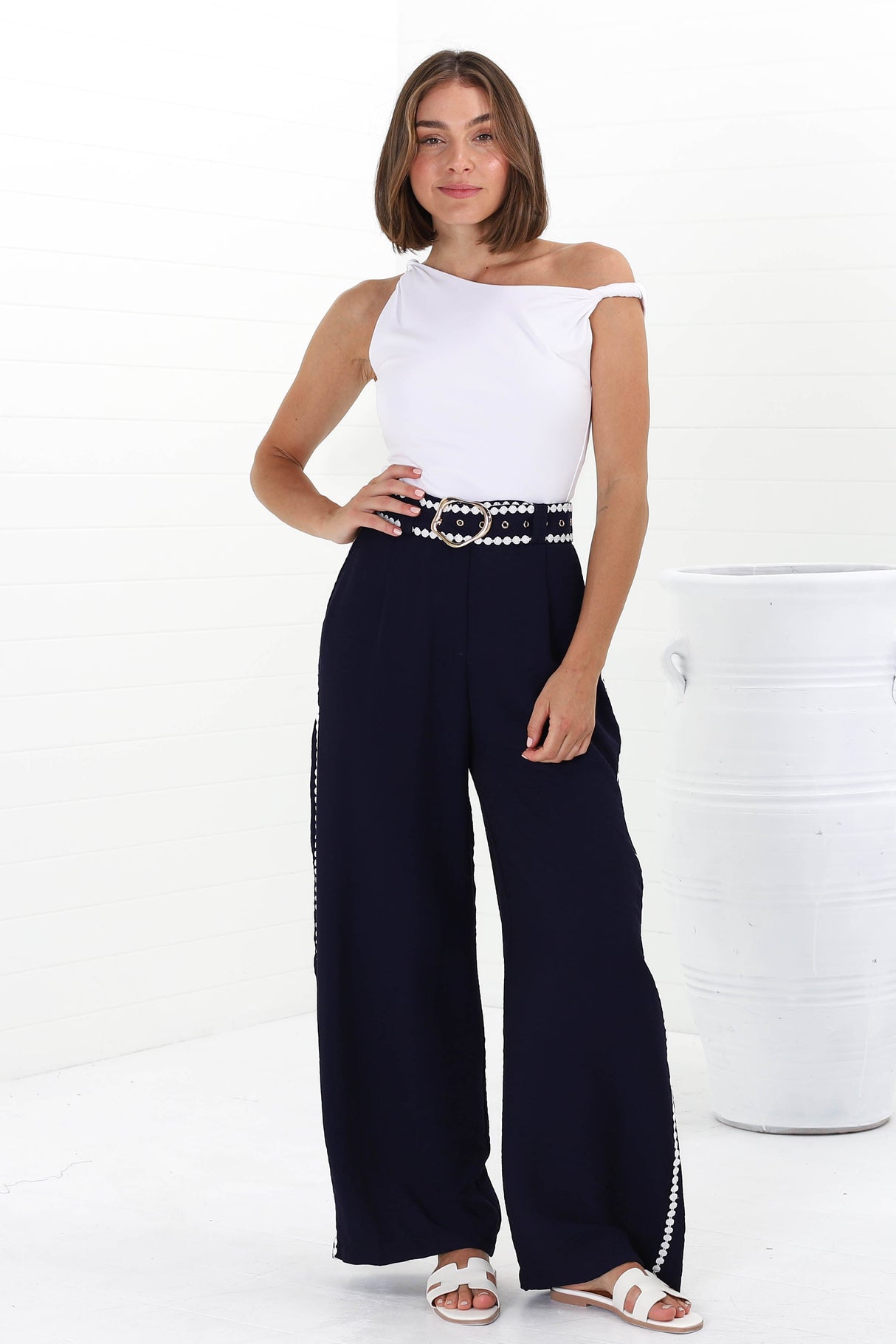 Bobbi Pants - High Waisted Constrast Trim Wide Leg Pants with Matching Belt in Navy