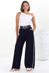 Bobbi Pants - High Waisted Constrast Trim Wide Leg Pants with Matching Belt in Navy