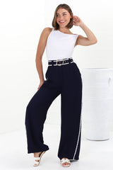 Bobbi Pants - High Waisted Constrast Trim Wide Leg Pants with Matching Belt in Navy