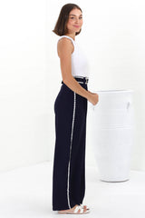 Bobbi Pants - High Waisted Constrast Trim Wide Leg Pants with Matching Belt in Navy