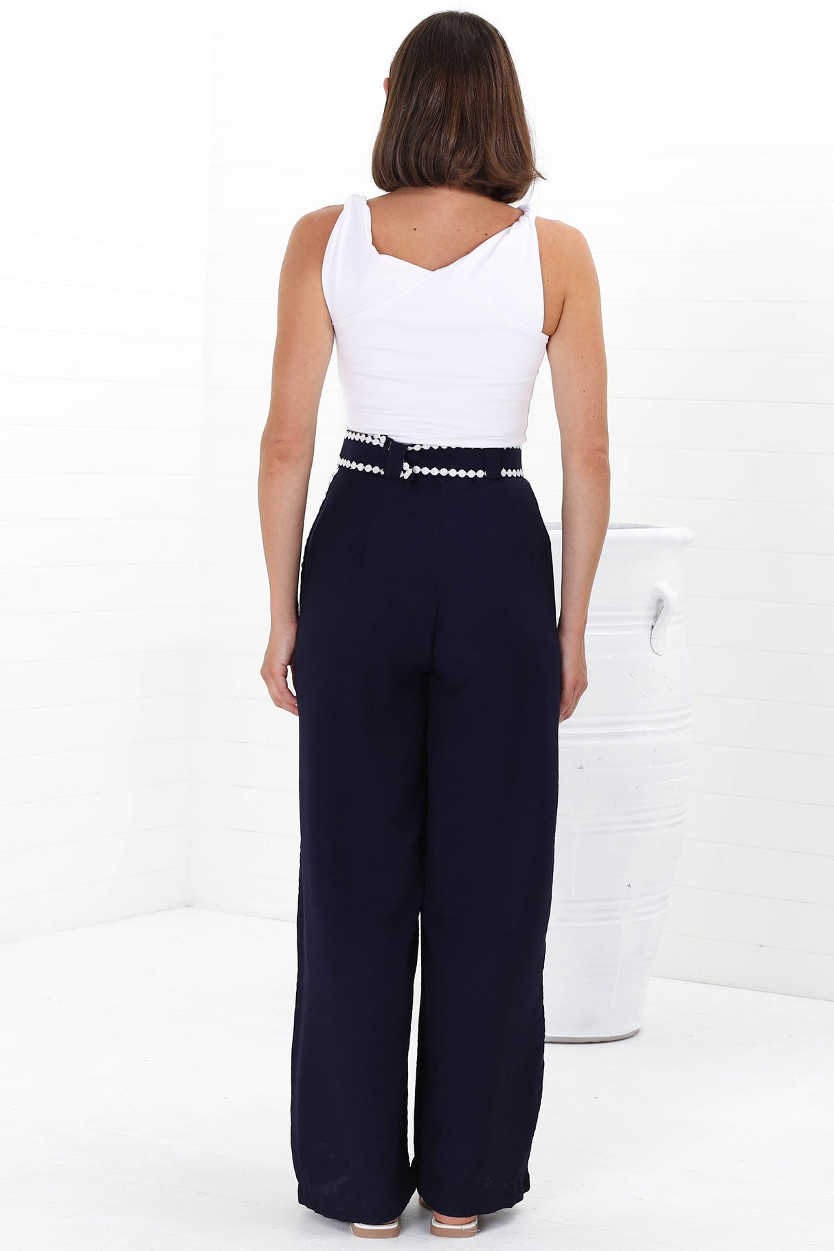 Bobbi Pants - High Waisted Constrast Trim Wide Leg Pants with Matching Belt in Navy