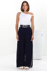 Bobbi Pants - High Waisted Constrast Trim Wide Leg Pants with Matching Belt in Navy