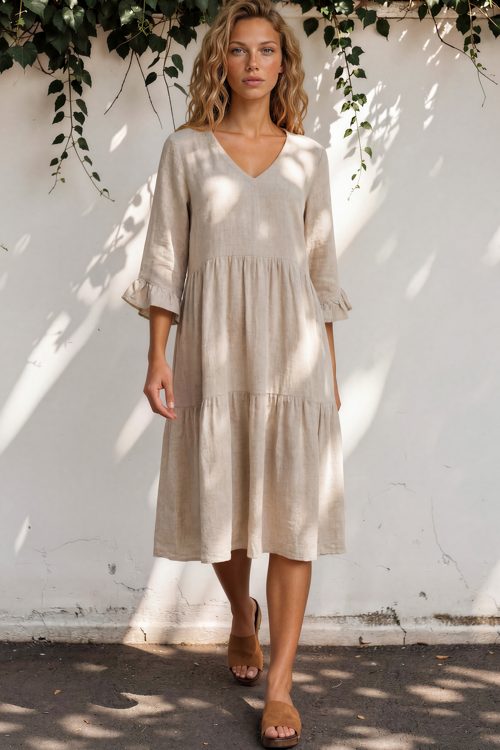 Woman wearing a beige dress standing against a white wall with greenery.