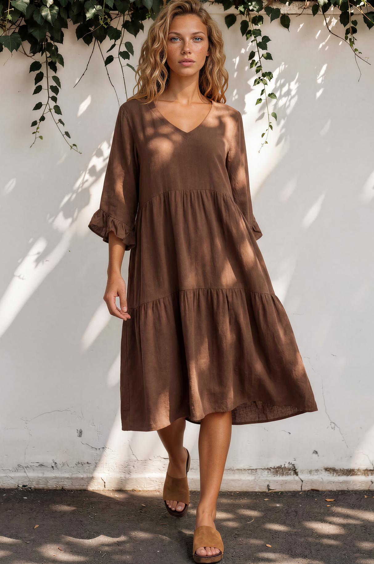 Woman wearing a brown dress standing against a white wall with greenery.