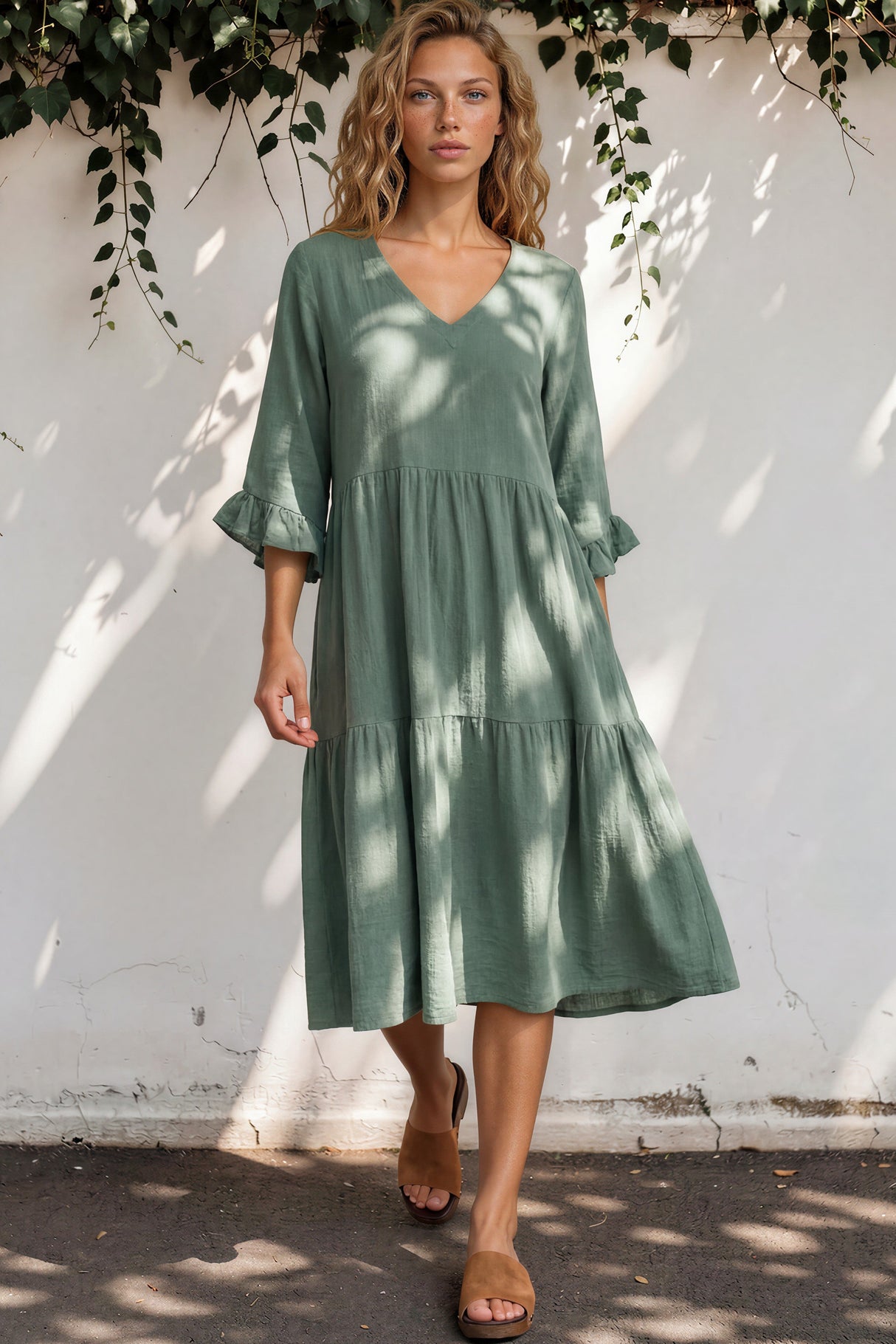 Woman wearing a green dress standing against a white wall with shadows and plants.