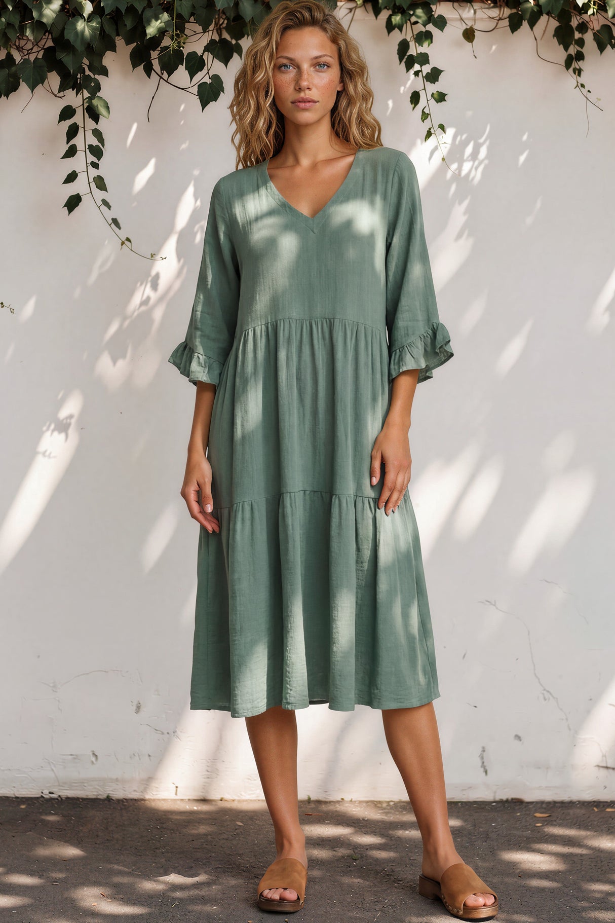 Bobby Midi Dress -  V-Neck Tiered Linen Dress with Pockets in Green