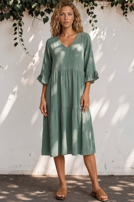 Bobby Midi Dress -  V-Neck Tiered Linen Dress with Pockets in Green