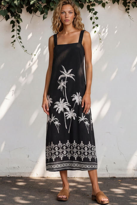 Model wearing Bodie Midi Dress in Aviv Print Black from Salty Crush