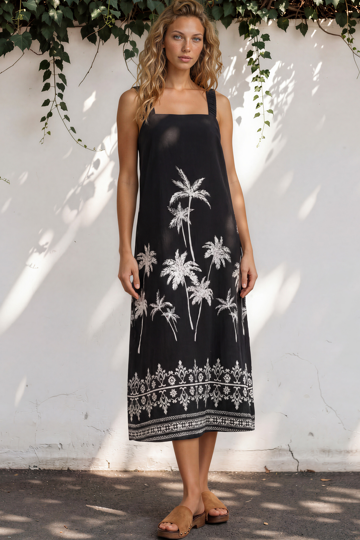 Model wearing Bodie Midi Dress in Aviv Print Black from Salty Crush