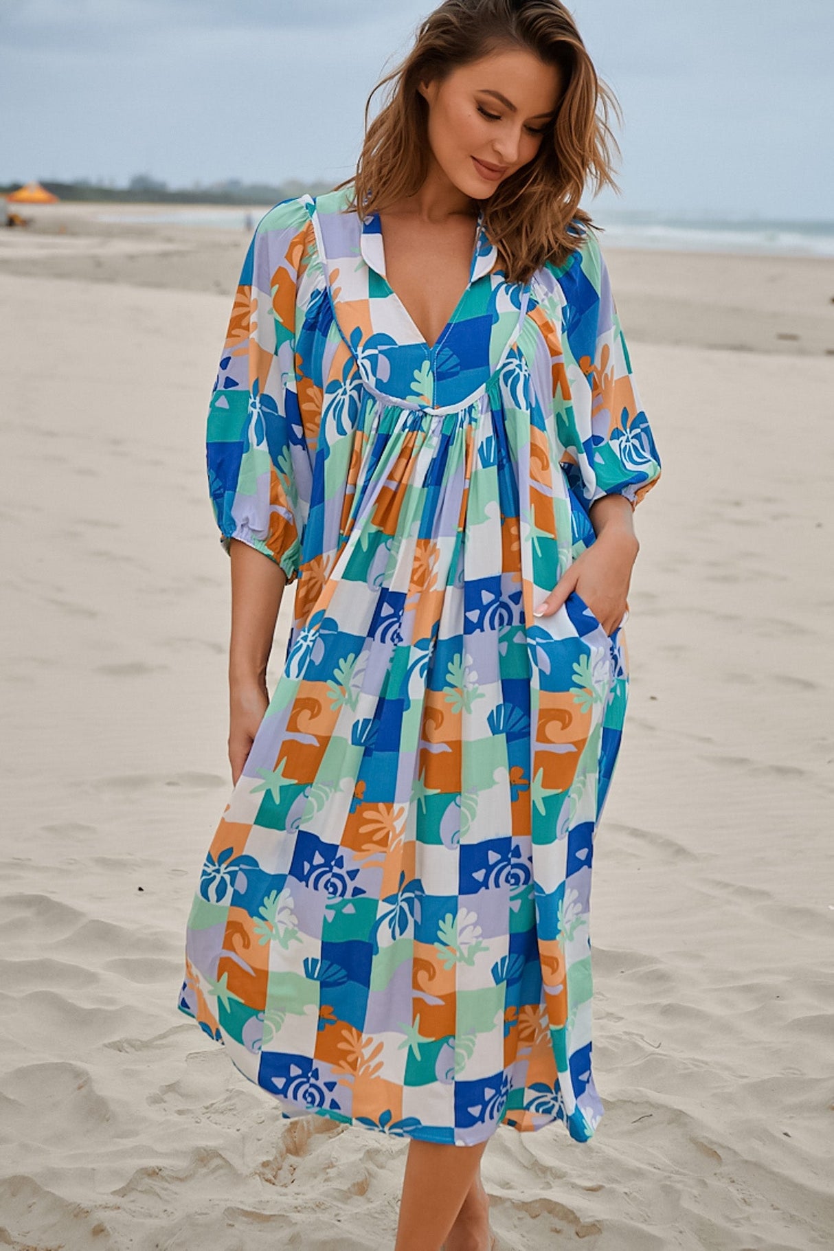 JAASE - Boheme Midi Dress: Piping Defined Bust Slimline Smock Dress in Tides Print