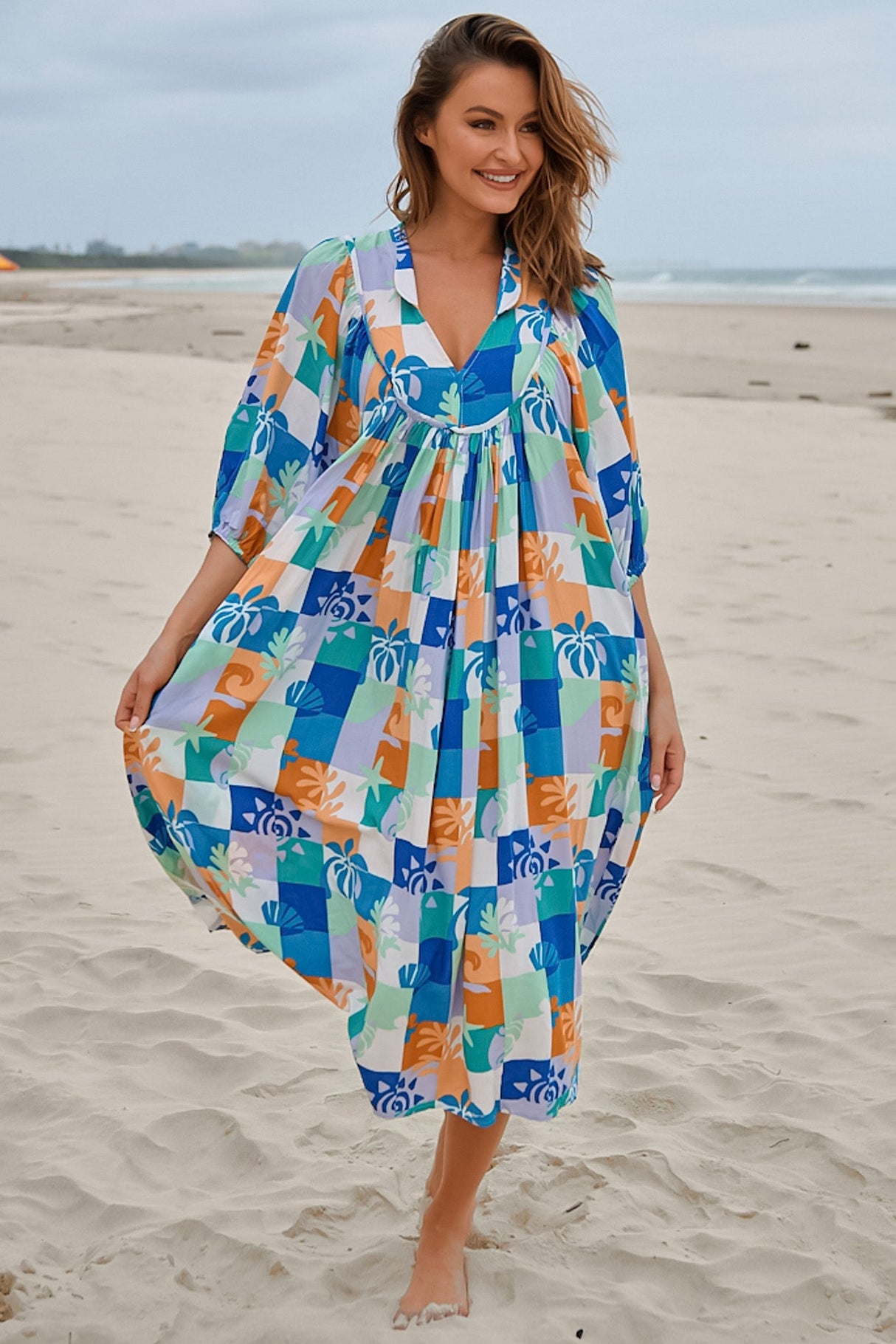 JAASE - Boheme Midi Dress: Piping Defined Bust Slimline Smock Dress in Tides Print