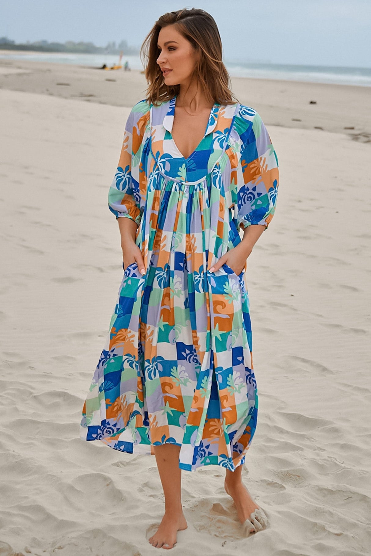 JAASE - Boheme Midi Dress: Piping Defined Bust Slimline Smock Dress in Tides Print