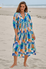 JAASE - Boheme Midi Dress: Piping Defined Bust Slimline Smock Dress in Tides Print