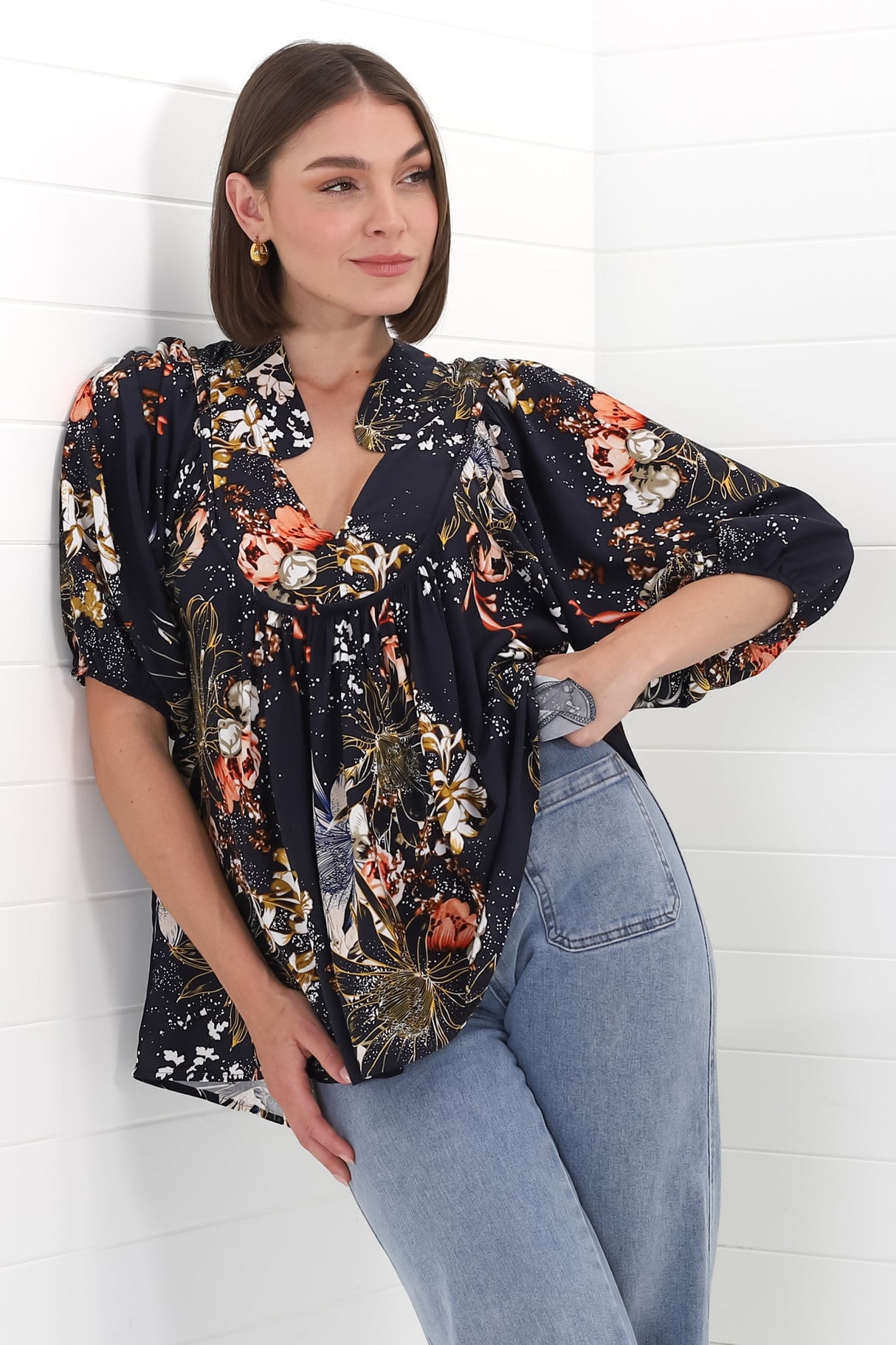 JAASE - Boheme Blouse: Thick Collar Smock Blouse in Indigo Print