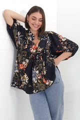 JAASE - Boheme Blouse: Thick Collar Smock Blouse in Indigo Print