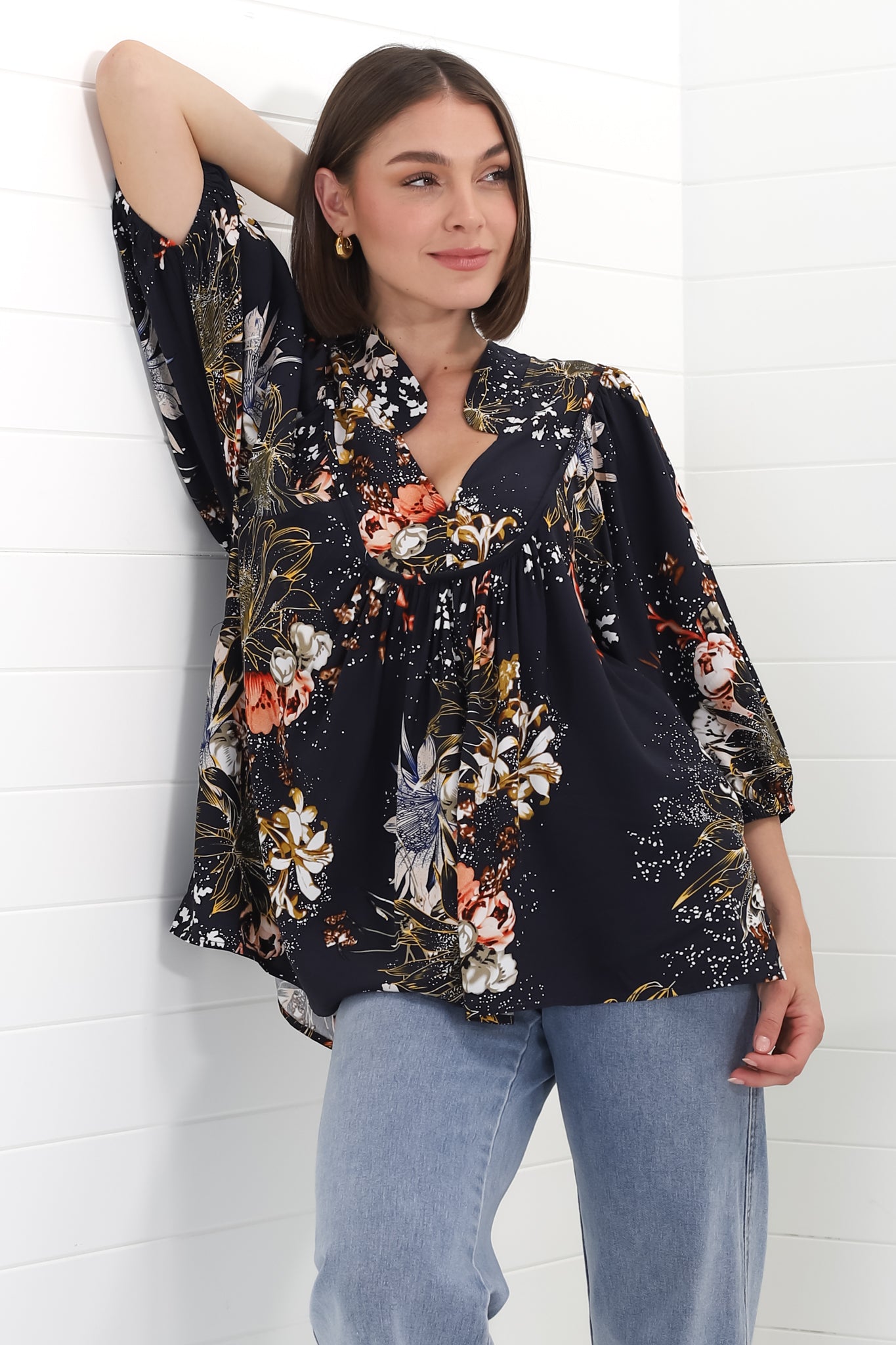 JAASE - Boheme Blouse: Thick Collar Smock Blouse in Indigo Print