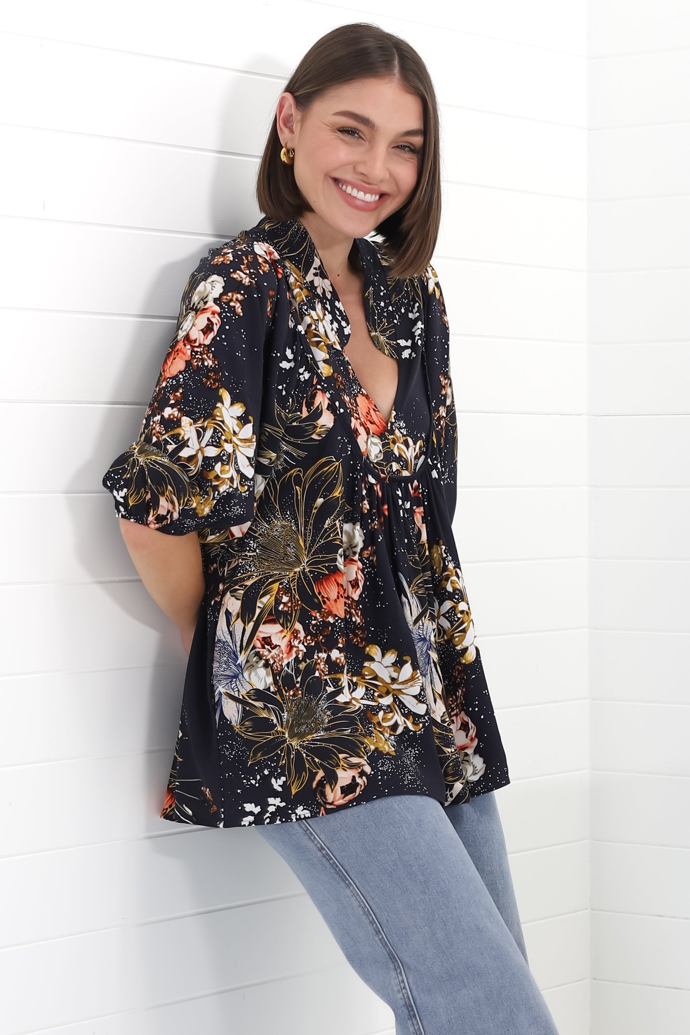 JAASE - Boheme Blouse: Thick Collar Smock Blouse in Indigo Print