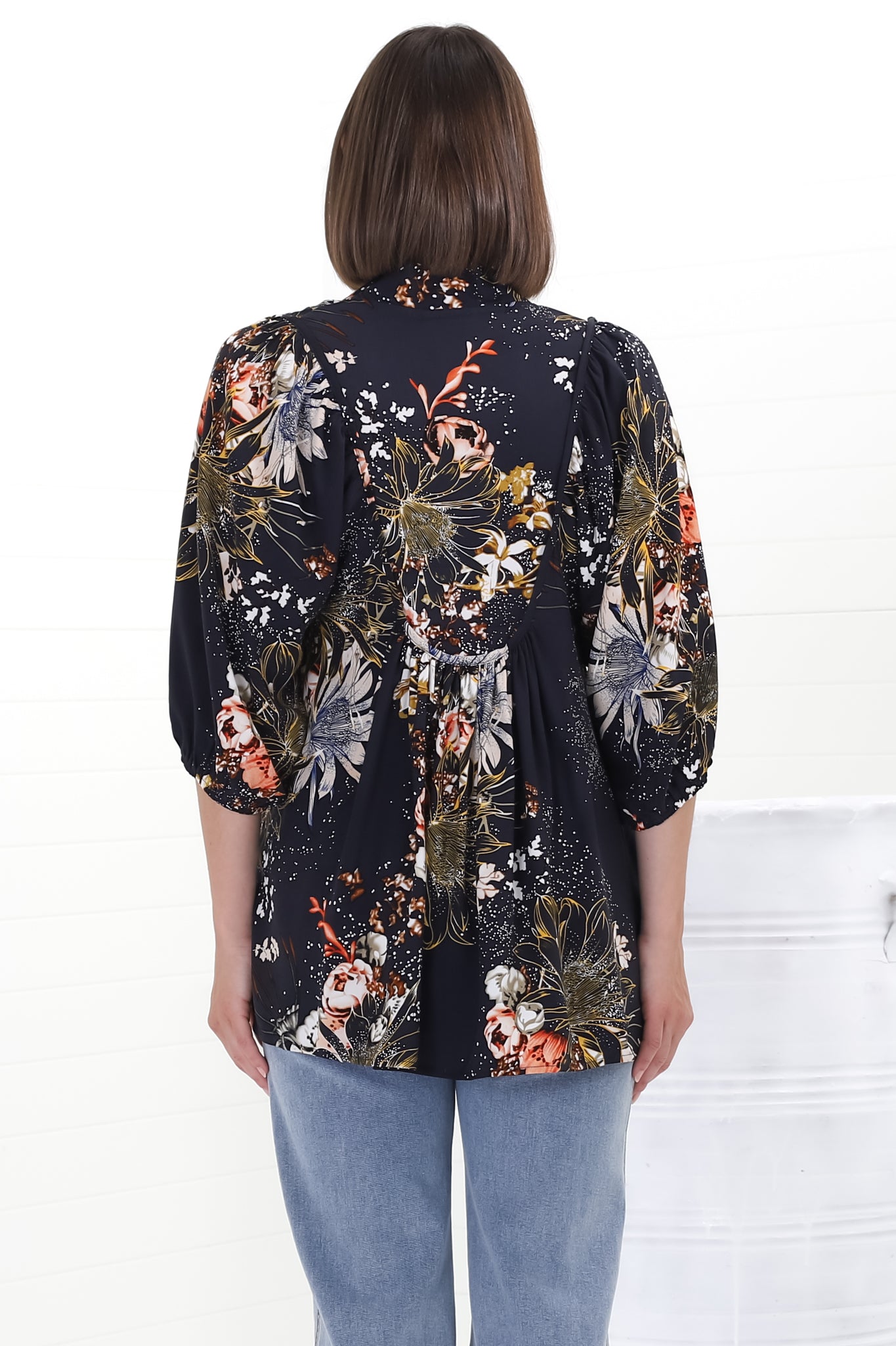 JAASE - Boheme Blouse: Thick Collar Smock Blouse in Indigo Print