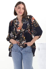 JAASE - Boheme Blouse: Thick Collar Smock Blouse in Indigo Print