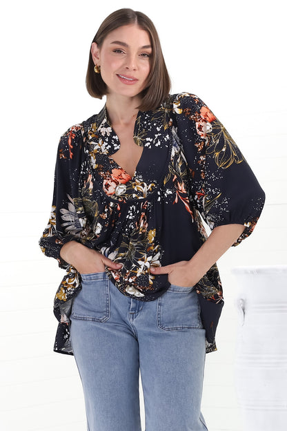 JAASE - Boheme Blouse: Thick Collar Smock Blouse in Indigo Print