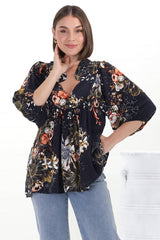 JAASE - Boheme Blouse: Thick Collar Smock Blouse in Indigo Print