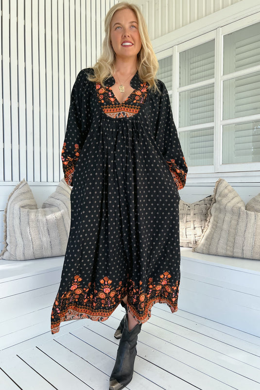 JAASE - Boheme Long Sleeve Midi Dress: Slimline Smock Dress in Emmery Print