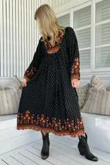 JAASE - Boheme Long Sleeve Midi Dress: Slimline Smock Dress in Emmery Print