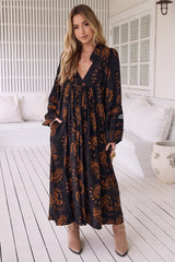 JAASE - Boheme Long Sleeve Midi Dress: Slimline Smock Dress in Milan Print