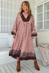 JAASE - Boheme Midi Dress: Long Sleeve Piping Defined Bust Slimline Smock Dress in Seraphina Print
