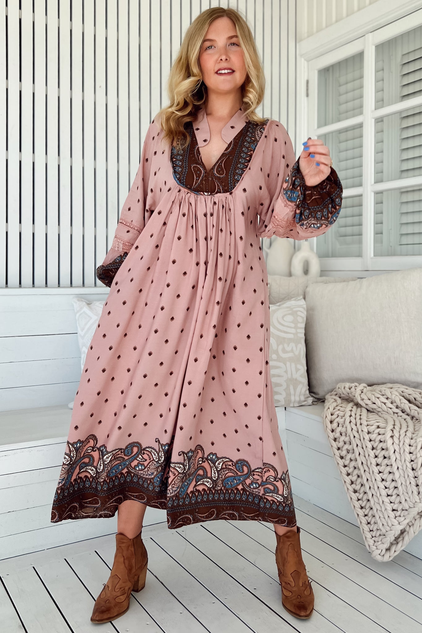 Boheme Midi Dress Long Sleeve Piping Defined Bust Slimline Smock Dress Seraphina Print