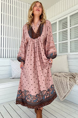 JAASE - Boheme Midi Dress: Long Sleeve Piping Defined Bust Slimline Smock Dress in Seraphina Print
