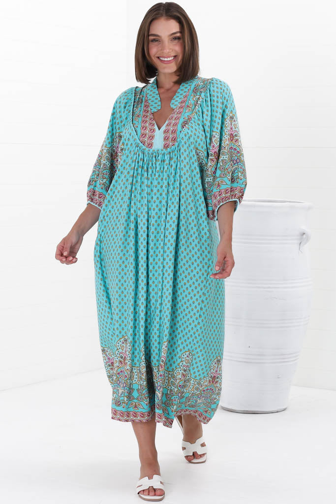 JAASE - Boheme Midi Dress: Piping Defined Bust Slimline Smock Dress In Atlantis Print