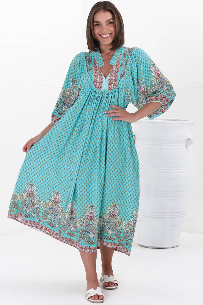 JAASE - Boheme Midi Dress: Piping Defined Bust Slimline Smock Dress In Atlantis Print