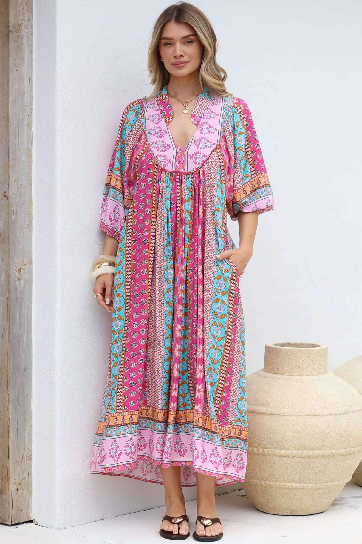 JAASE - Boheme Midi Dress: Piping Defined Bust Slimline Smock Dress in Cedella Print