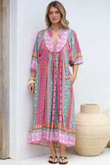 JAASE - Boheme Midi Dress: Piping Defined Bust Slimline Smock Dress in Cedella Print