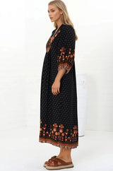JAASE - Boheme Midi Dress: Slimline Smock Dress in Emmery Print