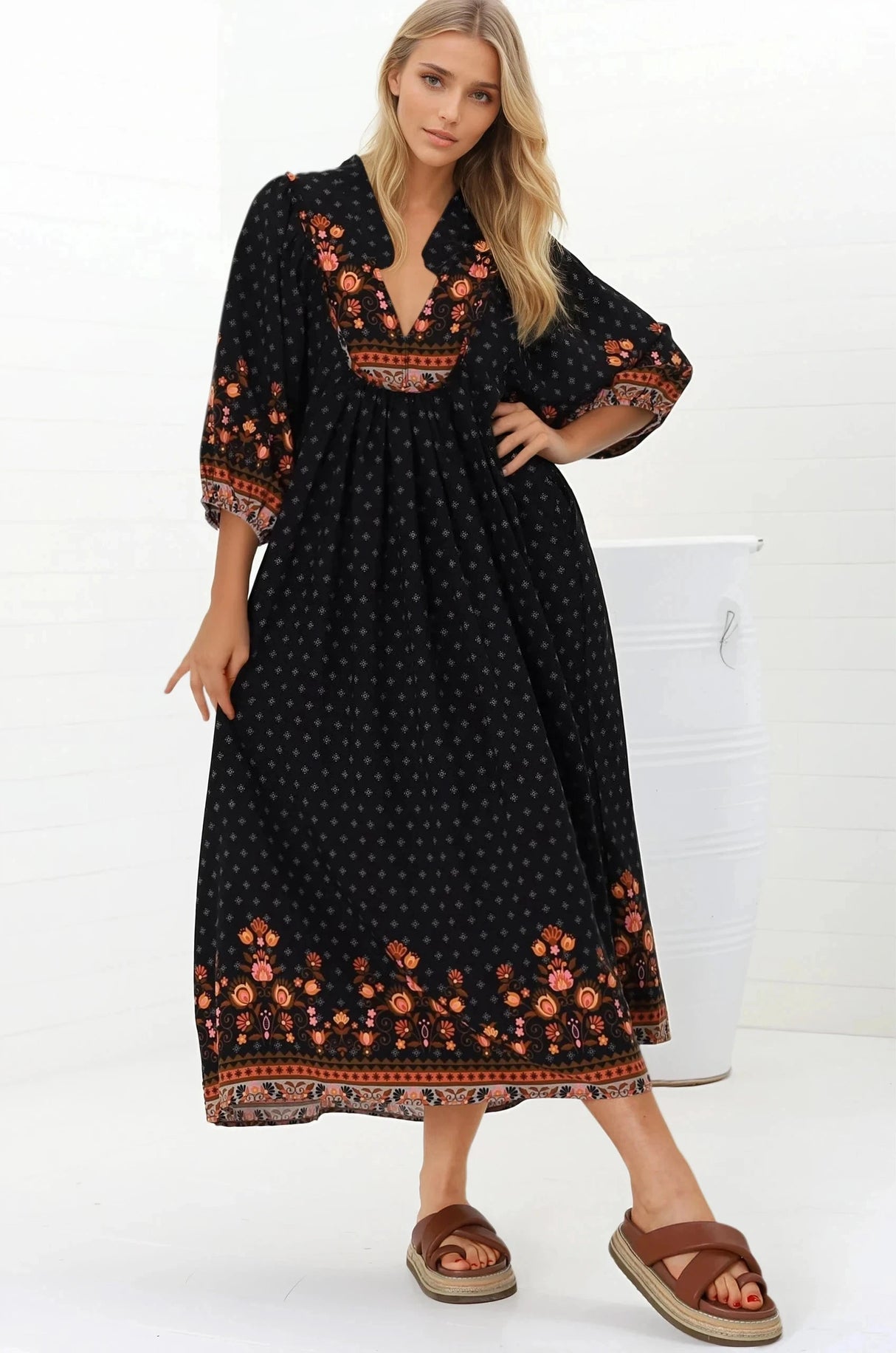 JAASE - Boheme Midi Dress: Slimline Smock Dress in Emmery Print