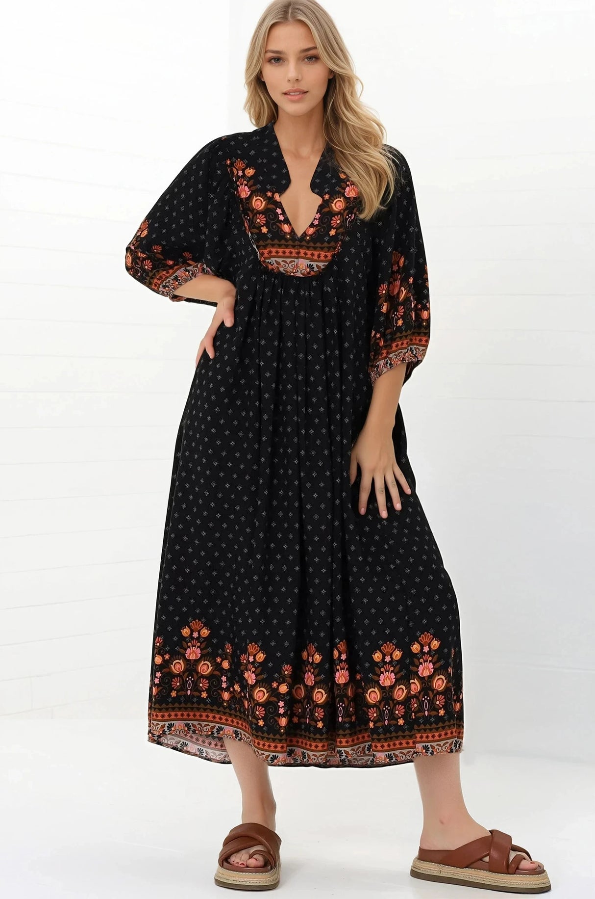 JAASE - Boheme Midi Dress: Slimline Smock Dress in Emmery Print