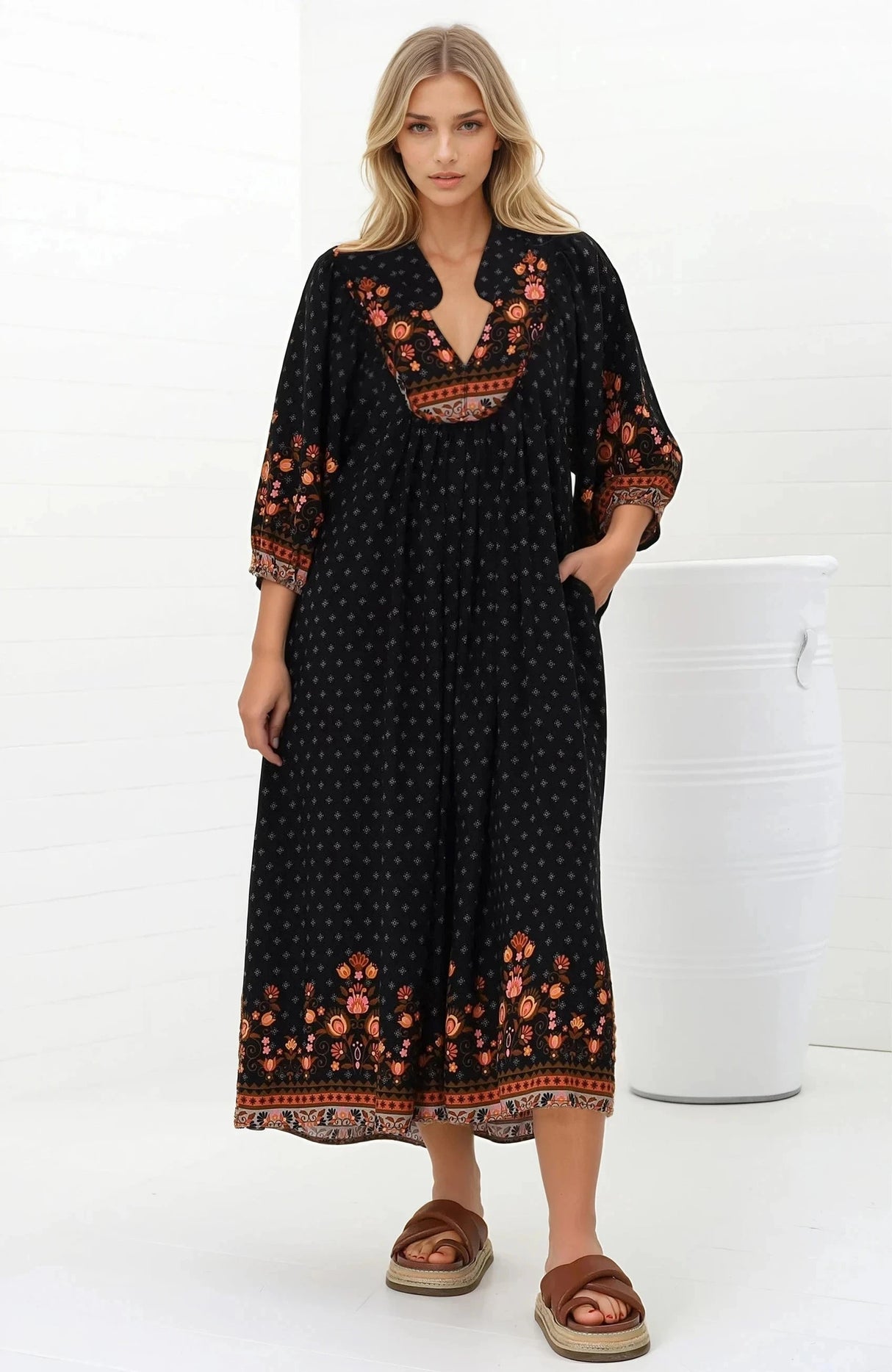 JAASE - Boheme Midi Dress: Slimline Smock Dress in Emmery Print