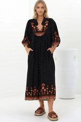 JAASE - Boheme Midi Dress: Slimline Smock Dress in Emmery Print