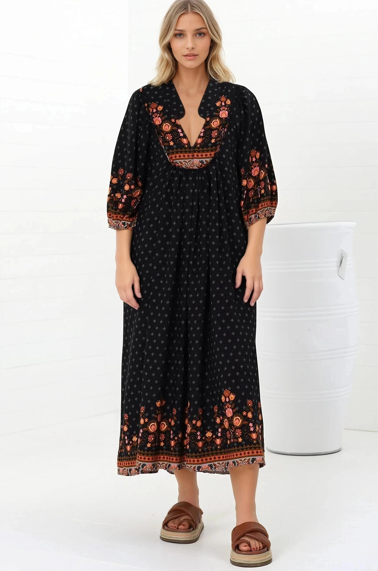 JAASE - Boheme Midi Dress: Slimline Smock Dress in Emmery Print