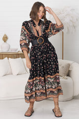 JAASE - Boheme Midi Dress: Piping Defined Bust Slimline Smock Dress In Eternity Print