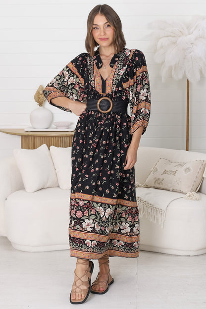 JAASE - Boheme Midi Dress: Piping Defined Bust Slimline Smock Dress In Eternity Print