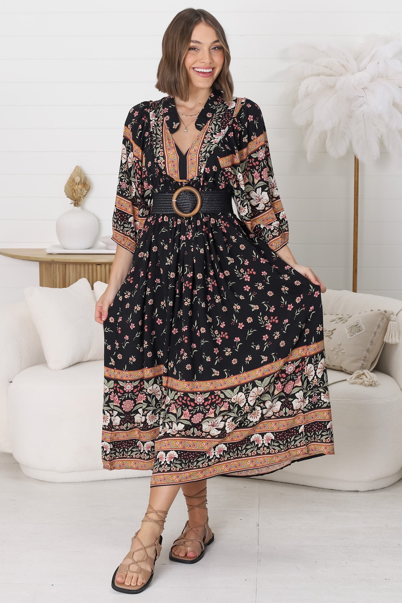 JAASE - Boheme Midi Dress: Piping Defined Bust Slimline Smock Dress In Eternity Print