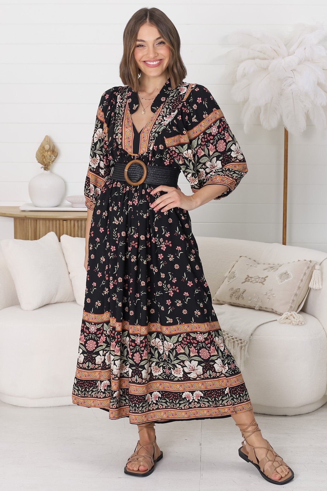 JAASE - Boheme Midi Dress: Piping Defined Bust Slimline Smock Dress In Eternity Print