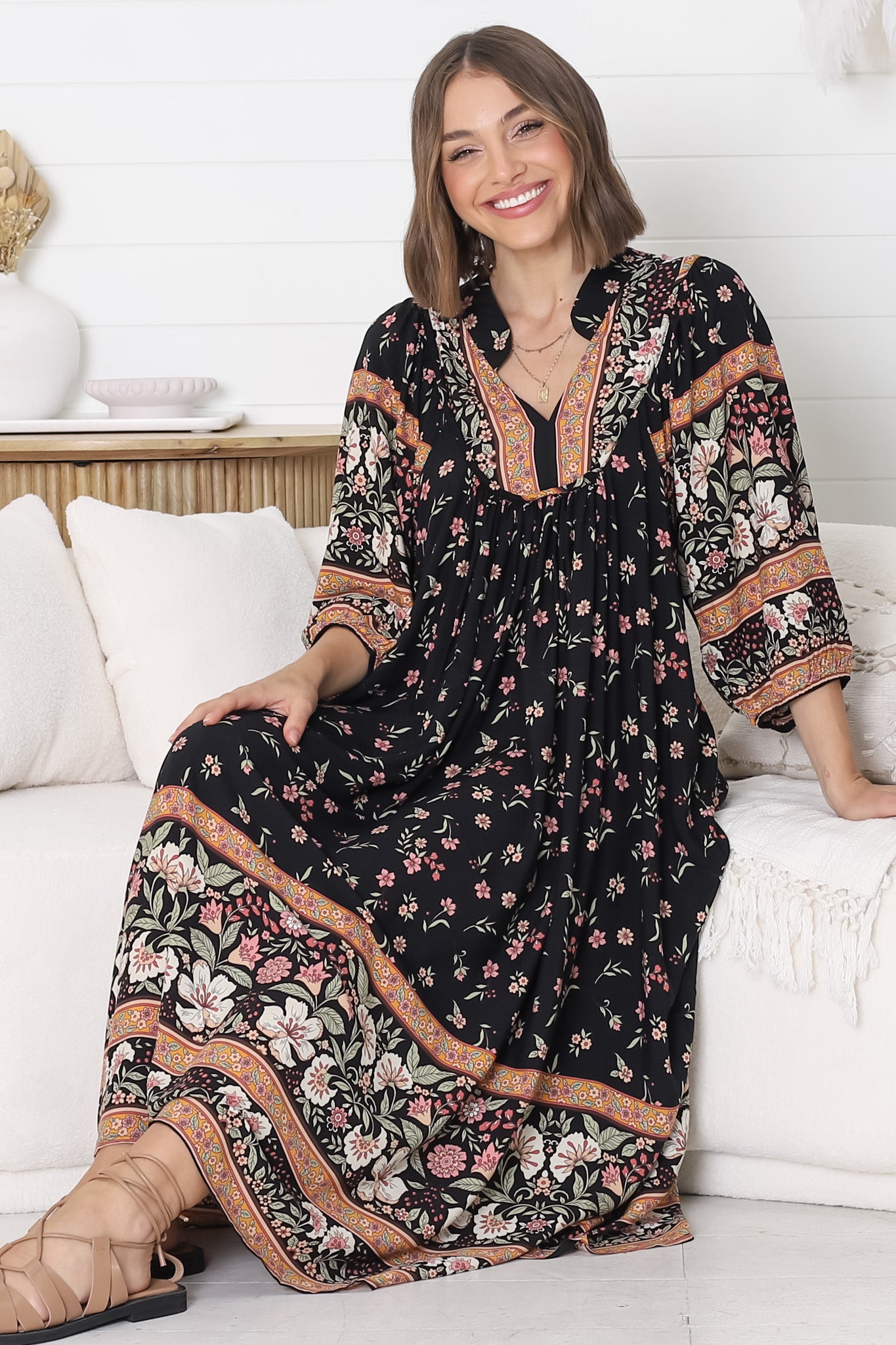 JAASE - Boheme Midi Dress: Piping Defined Bust Slimline Smock Dress In Eternity Print