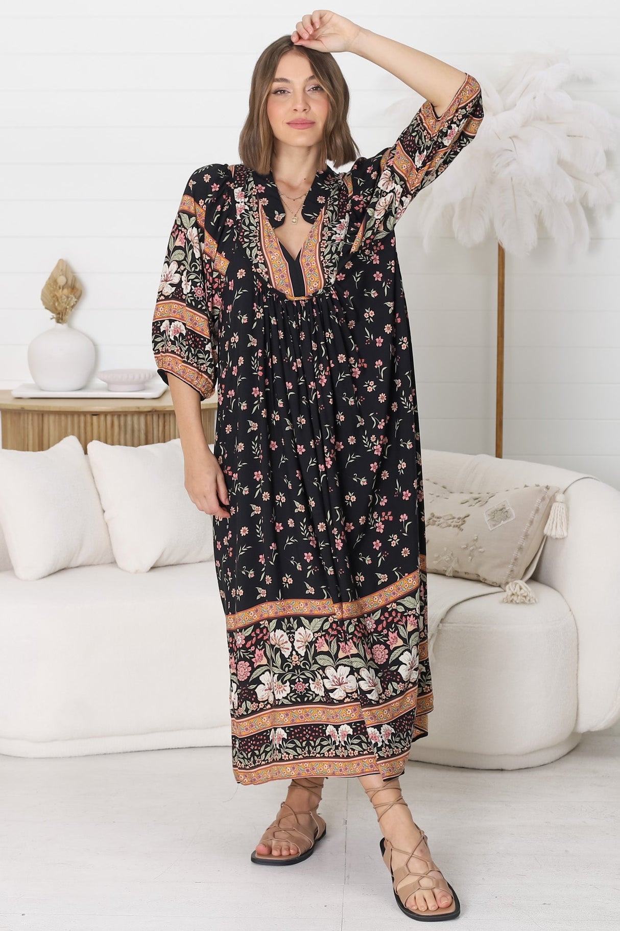 JAASE - Boheme Midi Dress: Piping Defined Bust Slimline Smock Dress In Eternity Print