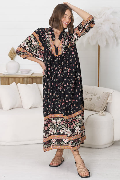 JAASE - Boheme Midi Dress: Piping Defined Bust Slimline Smock Dress In Eternity Print